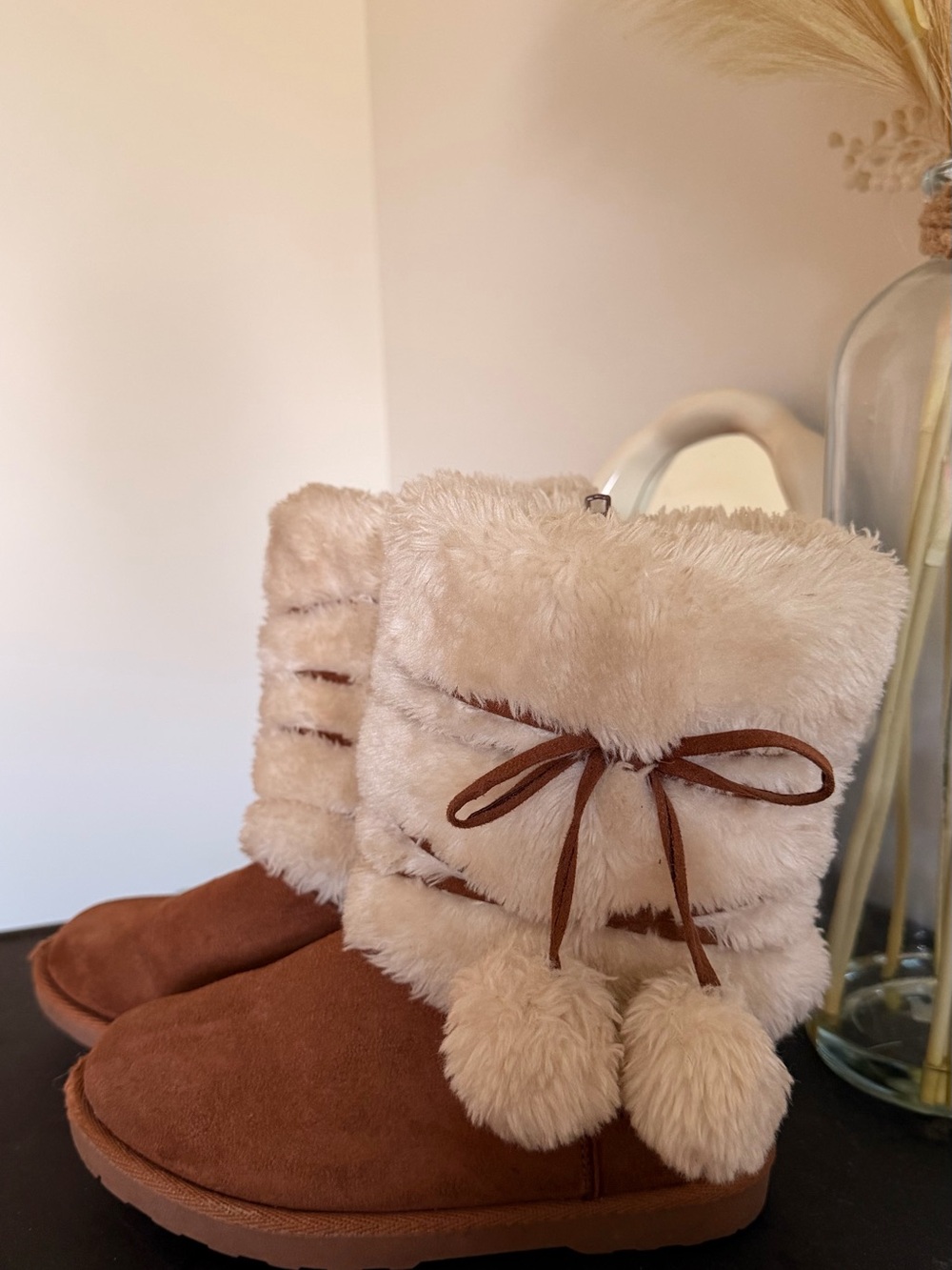 Kids Plush Winter Boots with Pom-Pom Tie - Cream & Brown